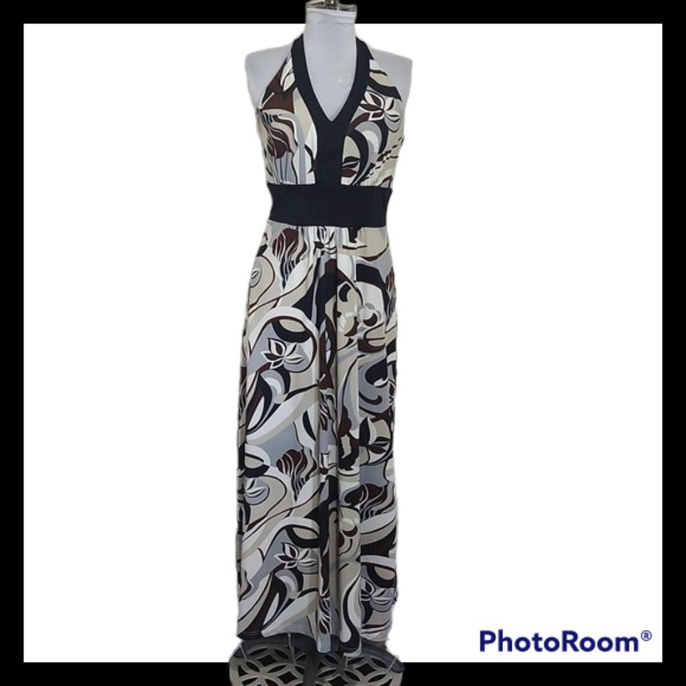 Touché - Geometric Cream/Black/Brown Halter Maxi Dress - Size Medium